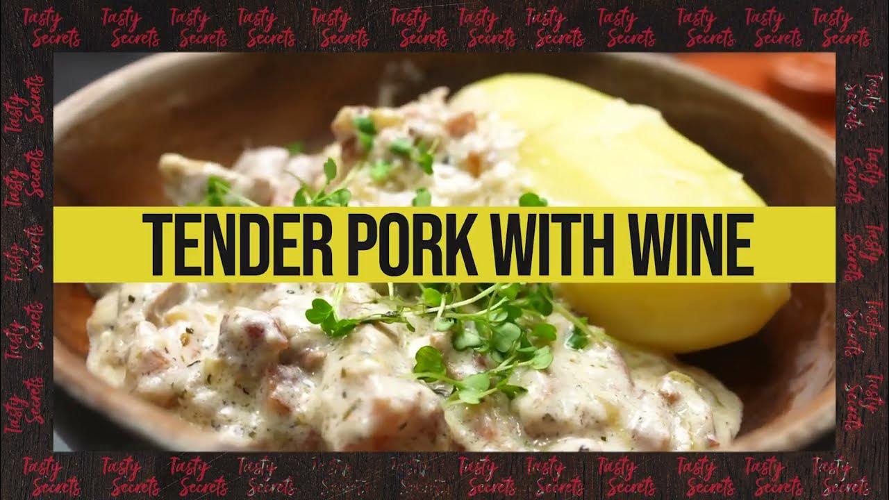 Tender pork with white wine, Pork tenderloin in creamy sauce Tasty