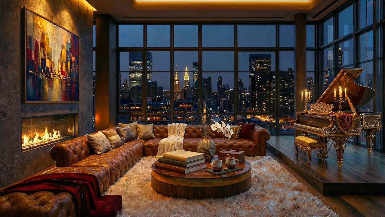 Cozy Jazz Lounge by the Fireplace | Smooth Music & Peaceful City Night Vibes