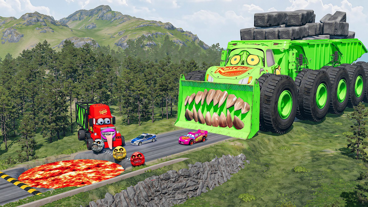 Giant ROCK DUMP TRUCK McQueen VS Cars Lightning McQueen & Police Car Downhill Race - Beamng.Drive