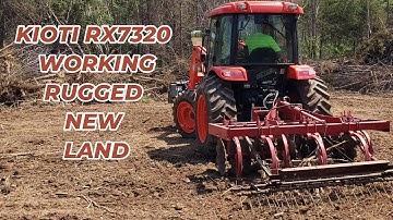 KIOTI RX7320 & home made Disc chisel plow action! discing and grading rough field at Project 291