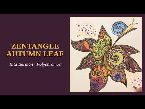 Zentangle autumn leaf coloring page: a maple leaf filled with swirls, spirals, flowers and leaf patterns in orange, lime green, purple and plum, with a blue and yellow snail and scattered stars and dots