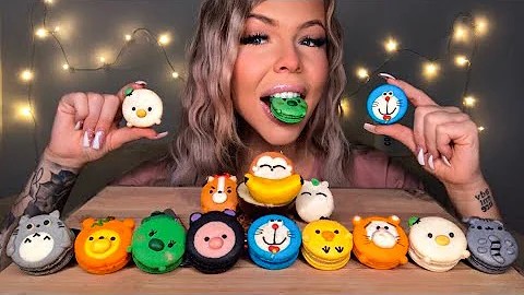 ASMR ANIMAL MACARON MUKBANG (MATCHA, EARL GREY, SALTED CARAMEL, TIRAMISU MACARON) DORAEMON TOTORO 먹방
