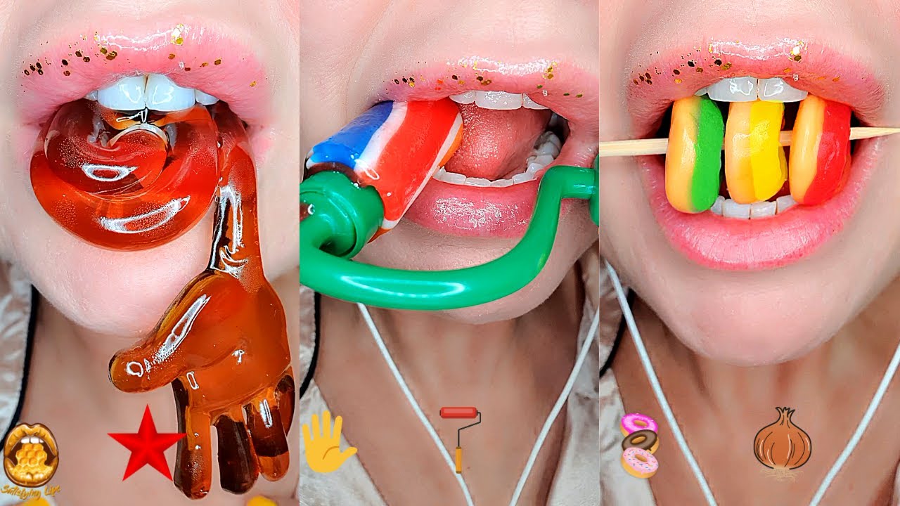 ASMR Eating Satisfying Emoji Food Challenge Candy Paint Roller Gummy ...