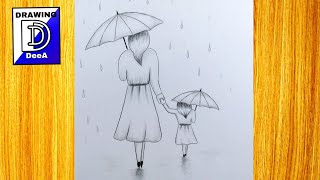 Easy sketch drawing for beginners || How to draw easy Mother and daughter tutorial