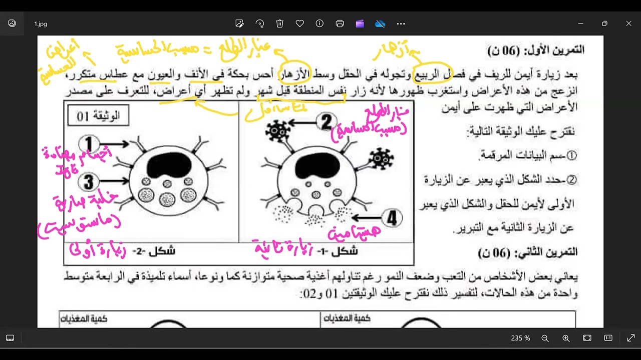 حل تمارين حول الحساسية و الامتصاص المعوي رابعة متوسط