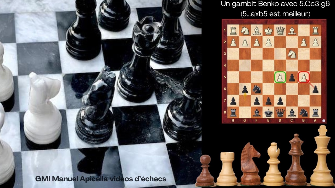 Un gambit Benko avec 5.Cc3 g6 (5...axb5 est meilleur)