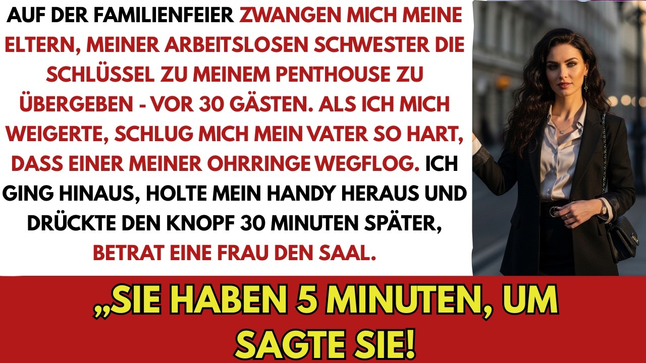 Mein Vater stand vor 30 Gästen mit dem Mikrofon in der Hand und verkündete, dass ich meiner Schwester mein 2-Millionen-Euro-Penthaus schenken würde. Als ich „Nein“ sagte, schlug er mir mitten auf...