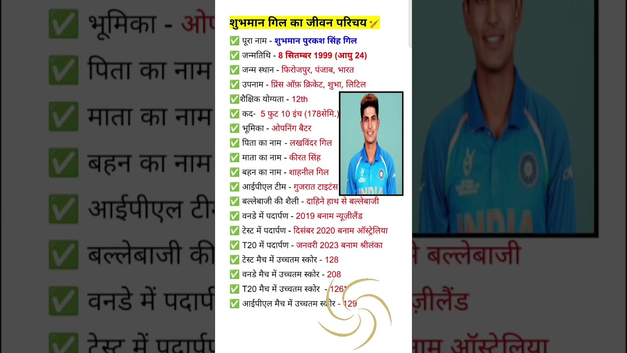 शुभमन गिल का जीवन परिचय ll Shubhman Gill Biography ll 