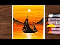 Easy Golden Sunset Lake Drawing with Oil Pastels | Step-by-Step Tutorial for Beginners