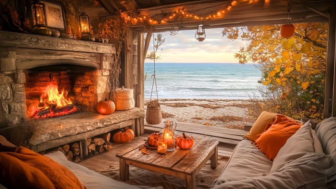 Peaceful Oceanfront Cabin 🍂 Firelight, Gentle Waves & Seabird Calls for Mindful Calm