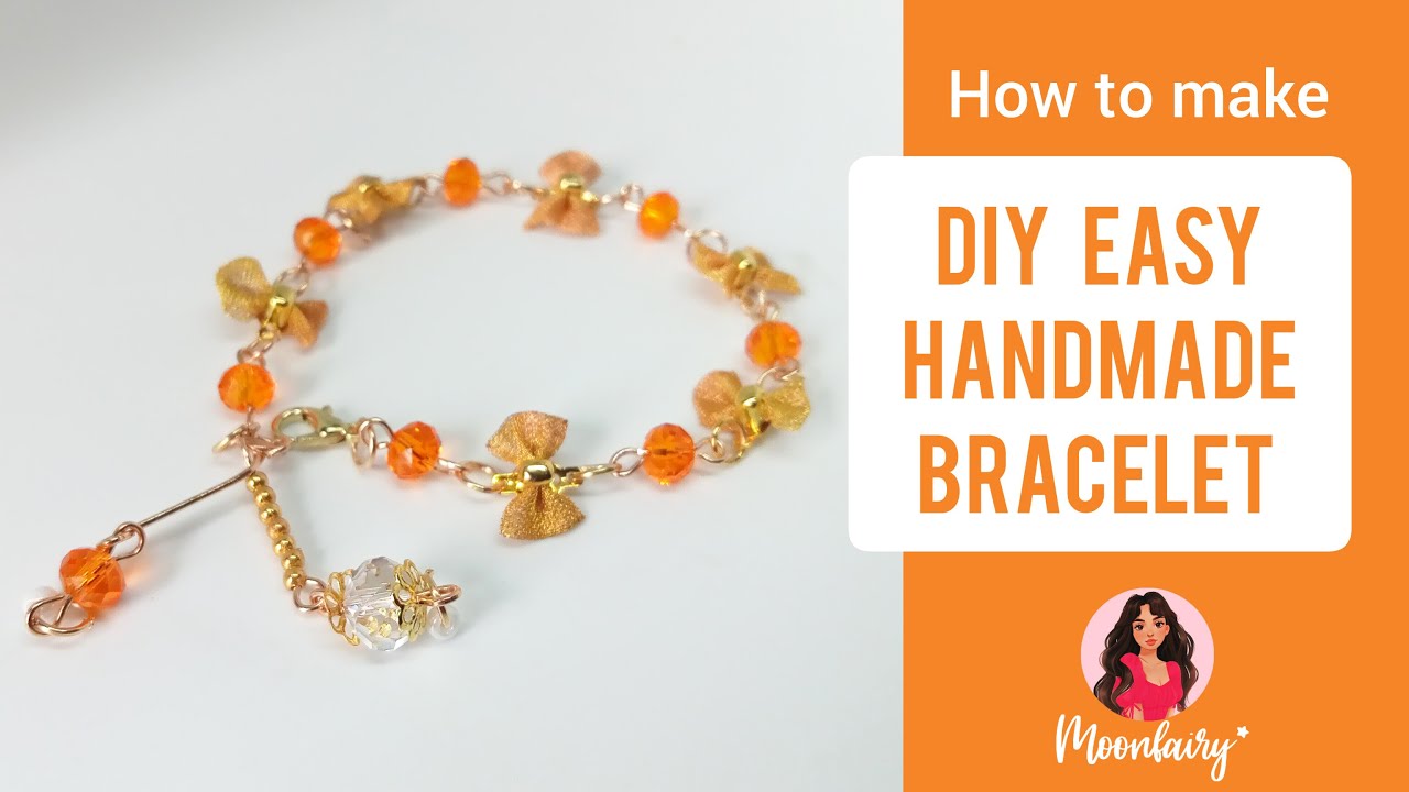 DIY Handmade Bracelet Tutorial: Orange Crystal Beads & Gold Bow Charms ...