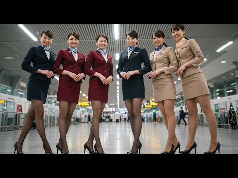 しゃがむ黒パンストの美人CA 