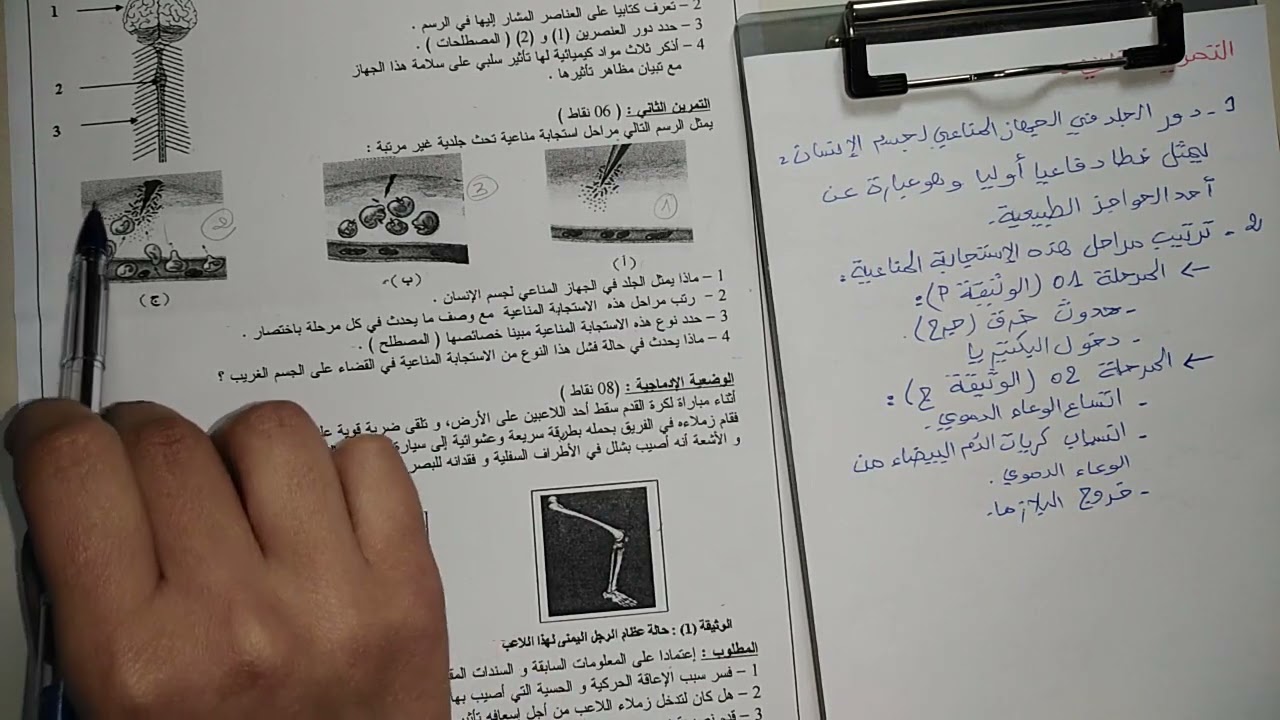 تمرين حول الخط الدفاعي الثاني أي التفاعل الإلتهابي علوم طبيعية سنة رابعة متوسط
