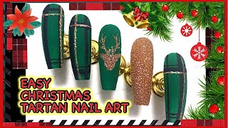 Easy Christmas Plaid Nail Art | How to do Plaid Design | XMAS Tartan and Stag | DIY GelNails #shorts