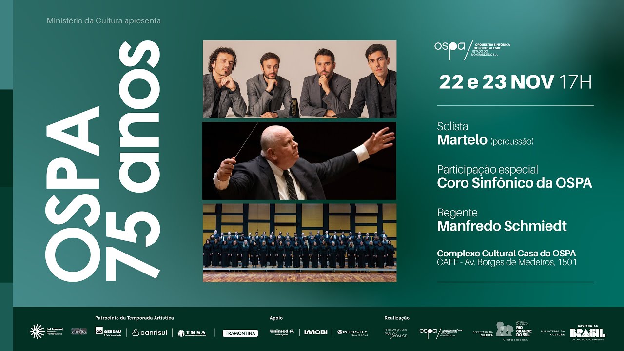 A OSPA celebra seu anivers&aacute;rio com o concerto &ldquo;OSPA 75 anos" no s&aacute;bado e no domingo, dias 22 e 23 de novembro, &agrave;s 17h, no palco da Sala Sinf&ocirc;nica da Casa da OSPA. A apresenta&ccedil;&atilde;o inicia com &ldquo;Ra&iacute;zes &ndash; Concerto para Quarteto de percuss&atilde;o e orquestra&rdquo;, da compositora Clarice Assad e dedicada ao grupo de percuss&atilde;o Martelo, que participa como solista da apresenta&ccedil;&atilde;o. Ap&oacute;s o intervalo, a orquestra, regida por Manfredo Schmiedt, interpreta o bailado &ldquo;A Salamanca do Jarau&rdquo;, de Luiz Cosme, e a apresenta&ccedil;&atilde;o encerra com &ldquo;Maracatu de Chico-Rei&rdquo;, de Francisco Mignone.

Saiba mais sobre o espet&aacute;culo: 
https://ospa.rs.gov.br/ospa-celebra-aniversario-de-75-anos-com-concerto-comemorativo-nos-dias-22-e-23-11 

Confira a programa&ccedil;&atilde;o da Temporada OSPA 75 em ospa.rs.gov.br/agenda 

Programa:

Clarice Assad | Ra&iacute;zes &ndash; Concerto para Quarteto de percuss&atilde;o e orquestra

Intervalo

Luiz Cosme | A Salamanca do Jarau
Introdu&ccedil;&atilde;o &ndash; No Rastro do Boi Barroso
Assombra&ccedil;&atilde;o
Jaguares e Pumas
Dan&ccedil;a dos Esqueletos
L&iacute;nguas de Fogo
A Boicininga
Ronda de Mo&ccedil;as
Tropa de An&otilde;es
Desencantamento

Francisco Mignone | Maracatu de Chico-Rei
Bailado
Chegada do Maracat&uacute;
Dan&ccedil;a das Macumbas
O Pr&iacute;ncipe Dan&ccedil;a
Dan&ccedil;a dos 3 Macotas
Dan&ccedil;a de Chico-Rei e da Rainha N'ginga
Dan&ccedil;a do Pr&iacute;ncipe Samba
Dan&ccedil;a dos 6 escravos
Dan&ccedil;a dos Pr&iacute;ncipes Brancos: Minuetto-Gaivota
Dan&ccedil;a Final

Apresenta&ccedil;&atilde;o: Orquestra Sinf&ocirc;nica de Porto Alegre
Solista: Martelo (percuss&atilde;o)
Regente e diretor art&iacute;stico: Manfredo Schmiedt