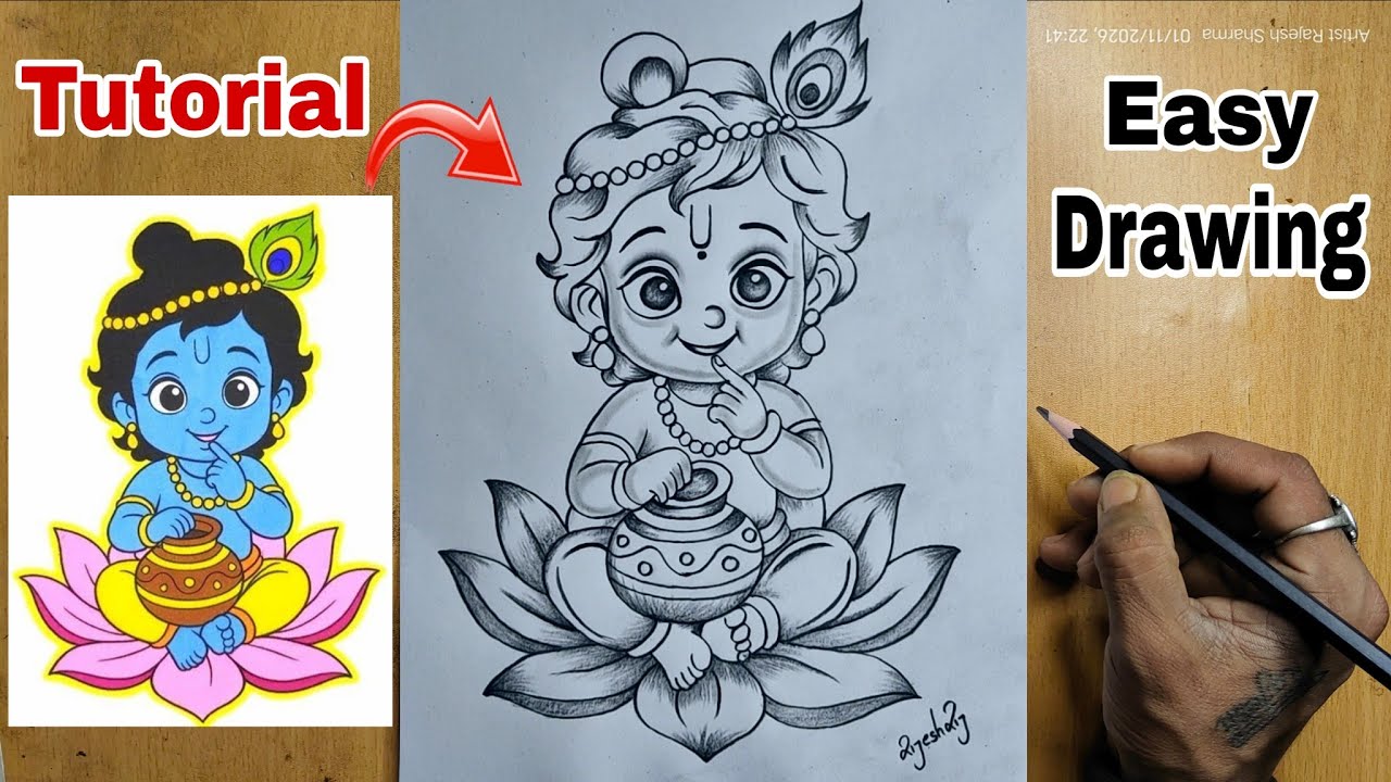 Easy Bal Krishna Drawing Tutorial ✏️ | Laddu Gopal Pencil Sketch Step by Step