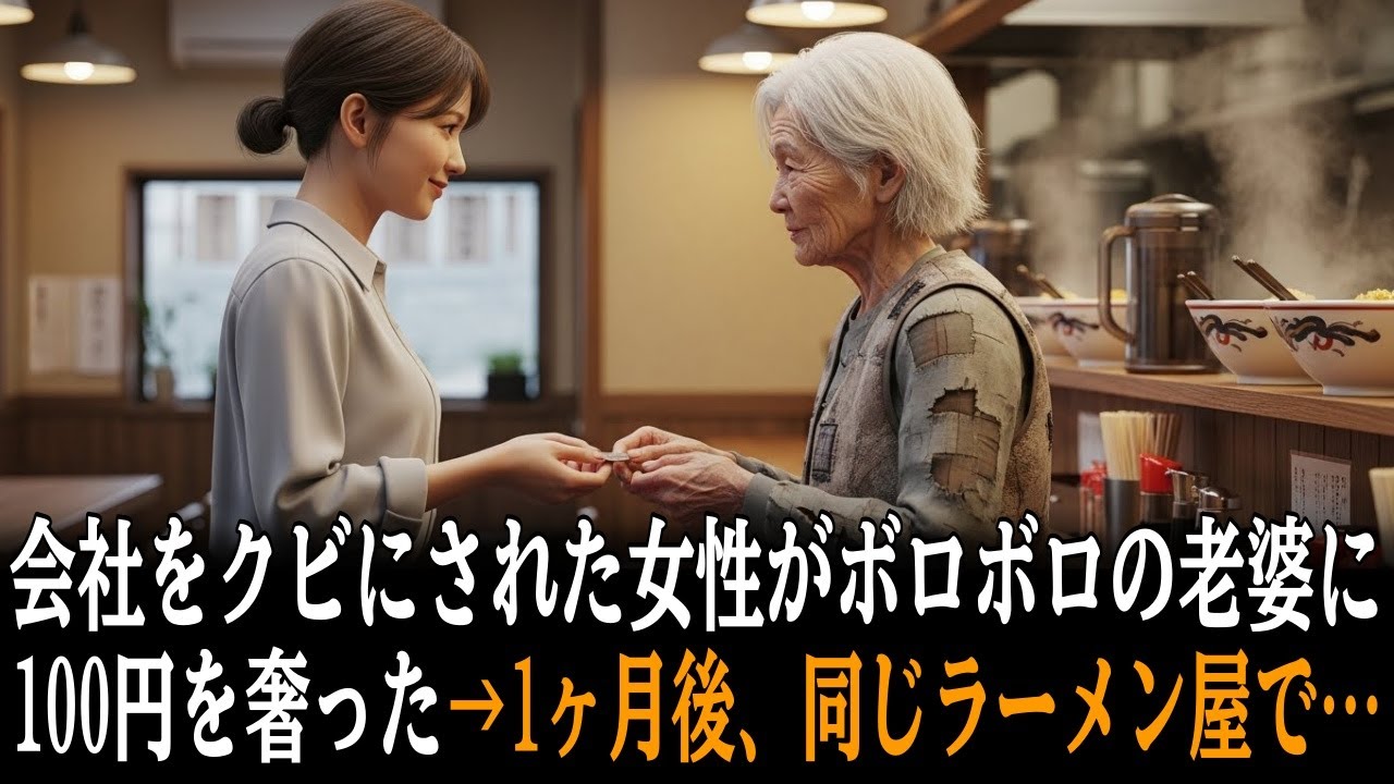 上司のミスを押し付けられてクビにされ貧乏な28歳女性。ラーメン屋で「100円足りない」と困るボロボロのおばあさんに100円を渡した結果【感動する話】
