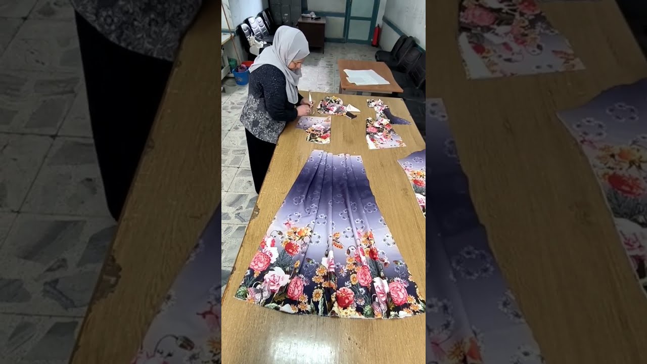 قص فستان بوسط علي القماش بدون باترون