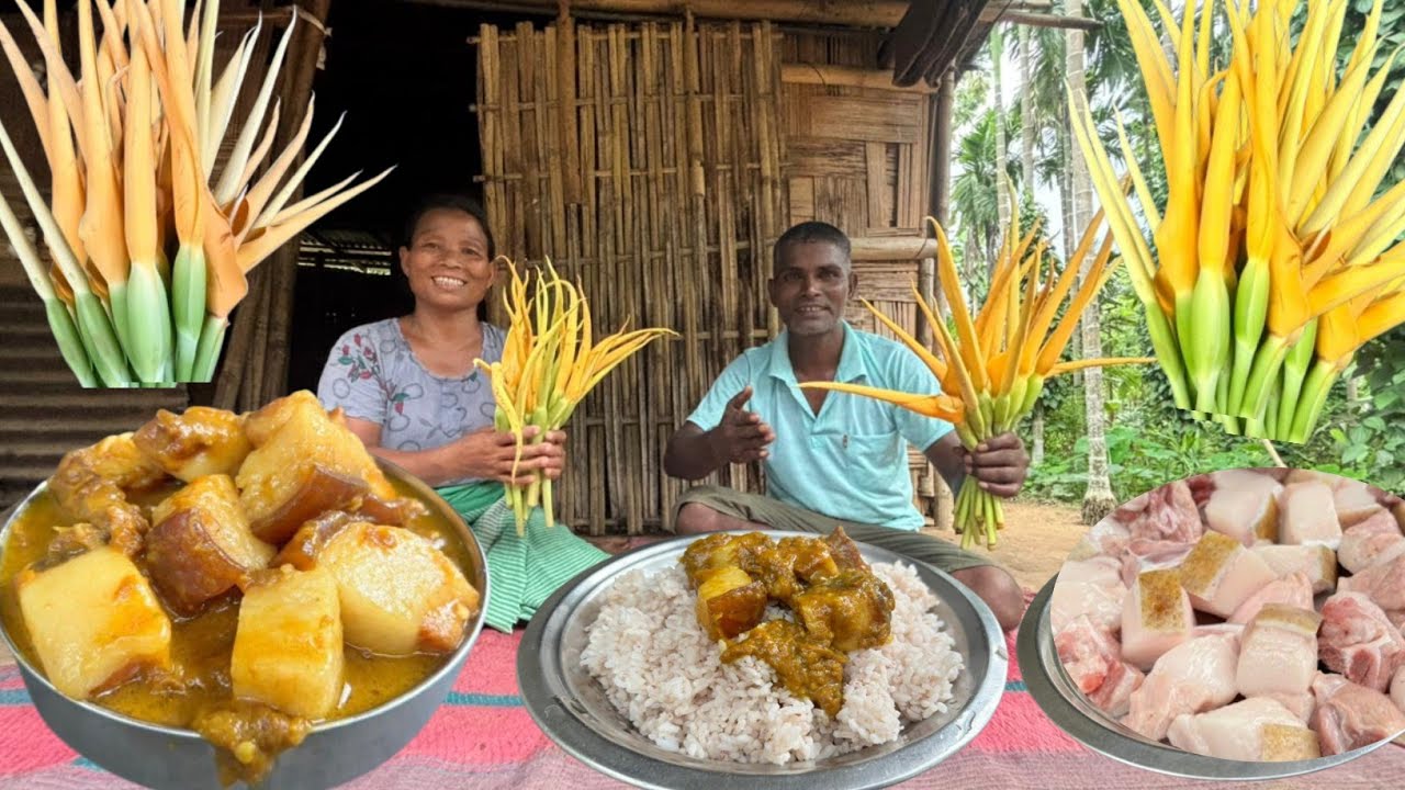 Pork and Cooked With Colocasia Flower | Meghalaya Village Style Pork Curry | Pork Curry Recipe
