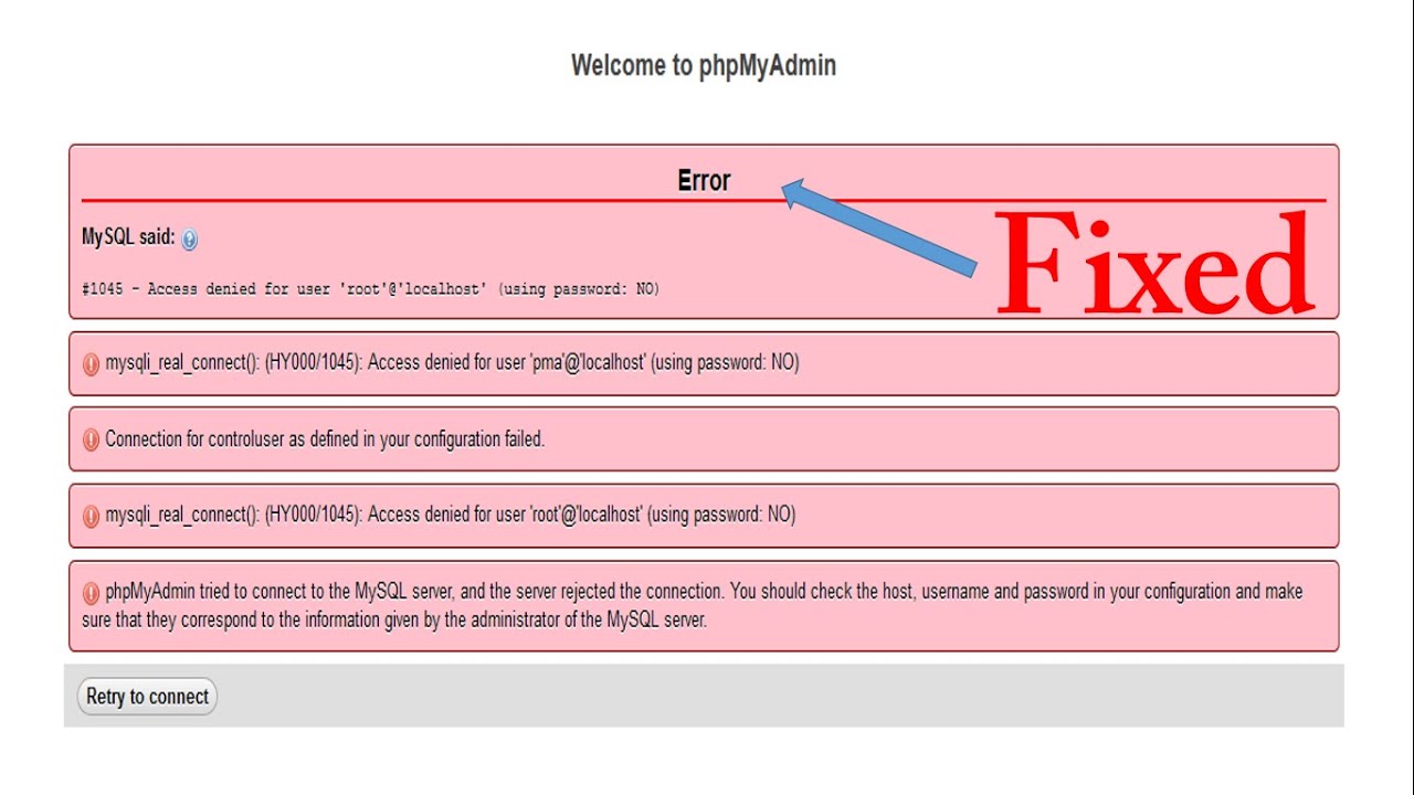 Fixed Mysqli Real Connect Hy000 1045 Access Denied For User Pma Localhost Vetechno 2021 Youtube