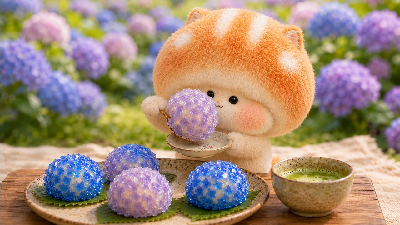 資料に追われる日々の合間に。きらめく紫陽花和菓子と手打ち抹茶 🦋花