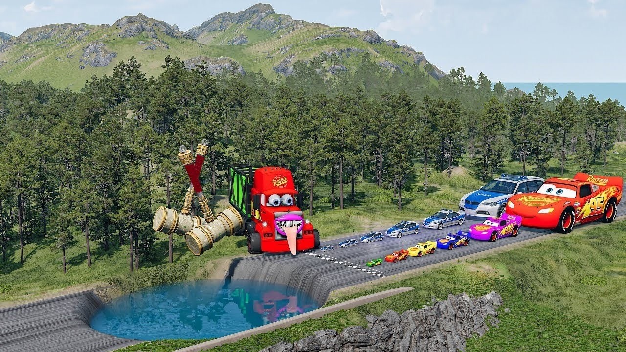 Big & Small McQueen & Police Car vs Zombie Mack, Giant Bulge & Lava Pit Downhill Race  BeamNG.drive