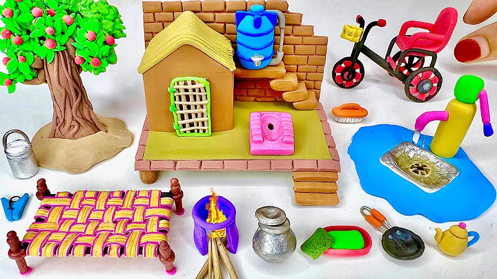 DIY How to make polymer clay miniature Village House, Washroom Set, Kitchen Set, Tree, Charpai