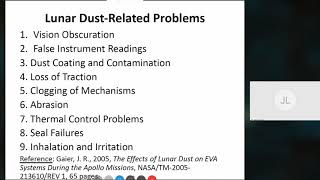 Information Lunar Surface Science Workshop: Dust and Regolith: J. Levine Update