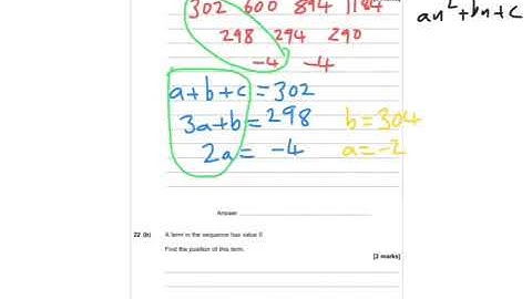 AQA Further Maths GCSE 2015 Paper 2 Q22 - Quadratic Sequences