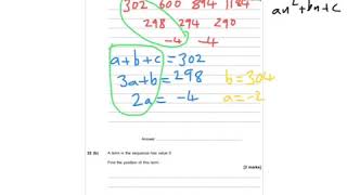 AQA Further Maths GCSE 2015 Paper 2 Q22 - Quadratic Sequences