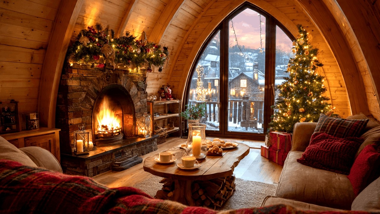 Cozy Winter Cabin Fireplace with Energizing Jazz Instrumental Music