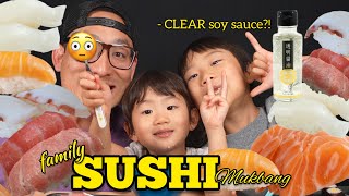 SUSHI family mukbang!! Trying out CLEARE soy sauce - what?!