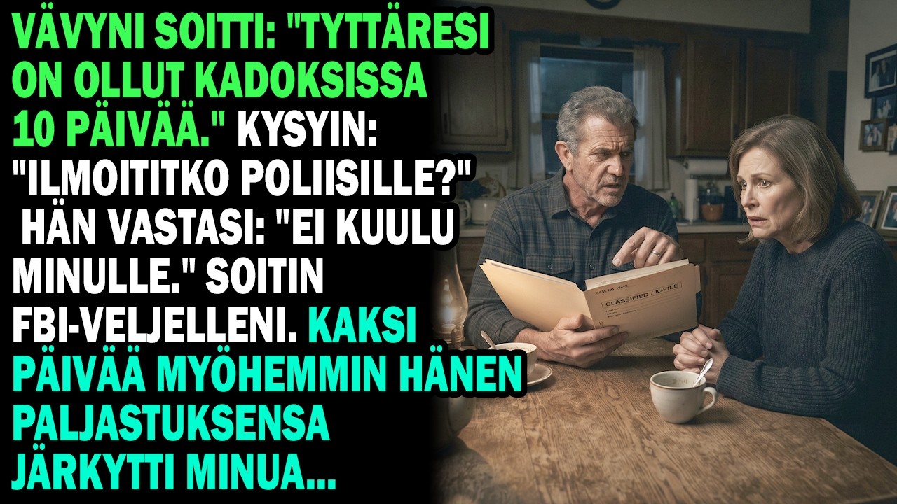 ”Hän ei ole minun asiani.” Näin mieheni vastasi, kun kysyin, oliko hän soittanut poliisille vaimostaan, joka oli ollut kadoksissa kymmenen päivää. Olin juuri palannut kotiin matkalaukku kädessä,...