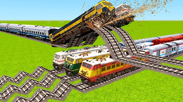 FIVE CRAZY TRAINS VS TWO BIG SPEED BUMPS AND THREE SIMPLE RAILROAD TRACKS|🔺 Train simulator|Railwork
