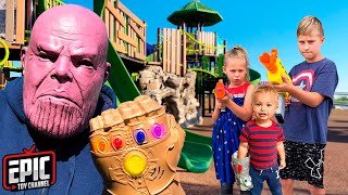 Hero Kidz: Thanos Seeks Hidden Gauntlet with Nerf Blasters -  Pretend Play