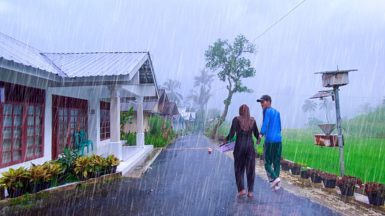 HEAVY RAIN IN A PEACEFUL HILLY VILLAGE LIFE | RAIN SOUNDS AND THUNDER ...