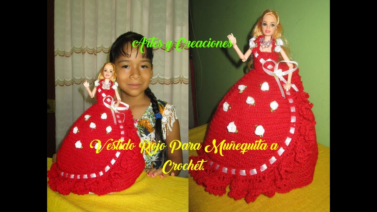 VESTIDO ROJO PARA MUÑEQUITA TEJIDO CROCHET - YouTube | Vestido para de ganchillo, de barbie de ganchillo, Vestidos de muñecas barbie