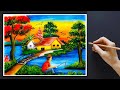 Beautiful village scenery drawing with water colourbeautiful sunset scenery drawing step by step