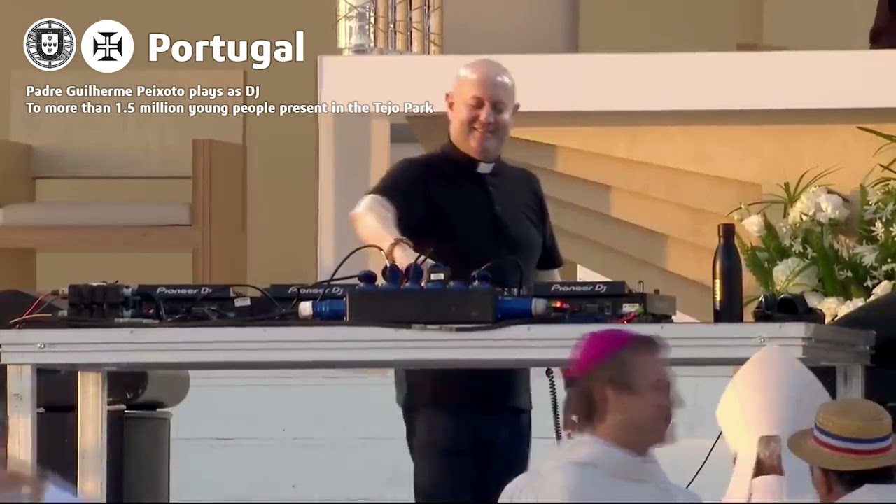     Father Guilherme plays as DJ to wake up the people  JMJ   Pope Francis in Portugal   2023 