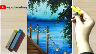 Soft Pastel Drawing - How to Draw Riverside Landscape Scenery with Glowing Bulbs - Night painting screenshot 2