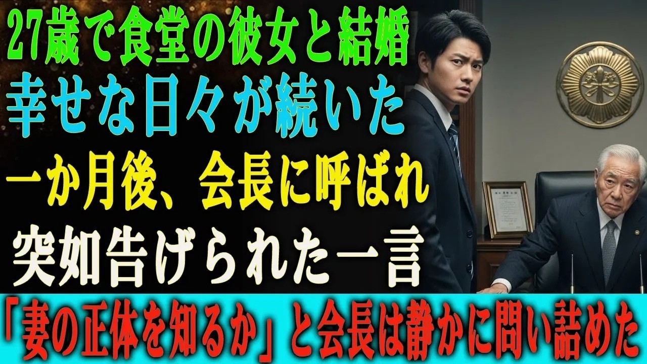 あの日、会長室に呼び出された瞬間、私は自分が処刑場に向かっているような気分だった。「君は奥さんがどんな人間か、本当に知っているのか？」その一言で、三年間信じてきた妻の姿が音を立てて崩れ去った。私は二十七歳の平凡なサラリーマンで、一ヶ月前に社員食堂で働く女性と結婚したばかりだった。東京の灰色の空、静まり返ったオフィス、午後四時。巨大なデスクの向こうから会長が差し出したファイルを開いた瞬間、私は...