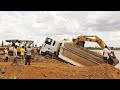 Great Recovery Dump Truck Unloading Fails Stuck in Deep Mud by Cat Excavator and Komatsu Bulldozer