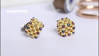 【ビーズステッチ】丸小ビーズで作るキュービックピアス✨作り方 ライトアングルウィーブ How to make beaded stud earrings with seed beads. Cubic