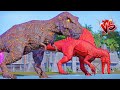 Lava Indominus Rex and T-Rex, Red Spinosaurus vs Red Giganotosaurus vs Blue Godzilla Dinosaur Battle
