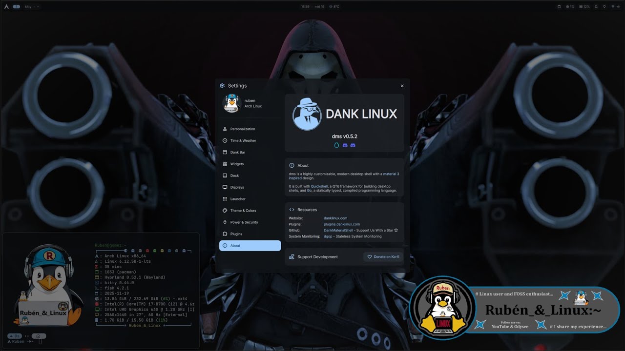 DankMaterialShell con Quickshell preconfigurado