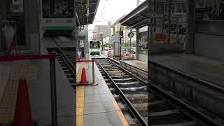 阪堺電車701形5編成(モリタシルバーサービスラッピング)浜寺駅前行き到着シーン