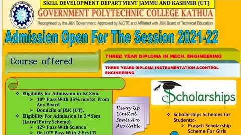 ADMISSION 2021 OPEN for Three-year Diploma in Government Polytechnic College Kathua (J&K), Last date