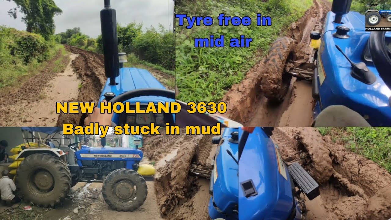 New Holland 3630 badly stuck in mud 😭 Tyre free in mid air #newholland 