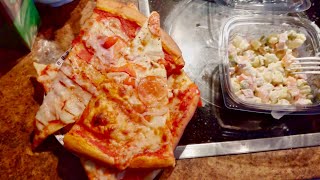 Russian food degustation. Olivier salad and Pizza