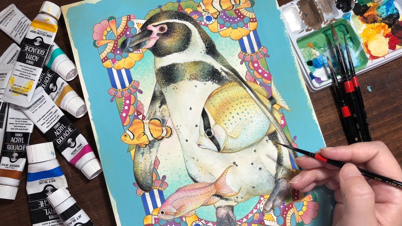 アクリルガッシュ ペンギンの色塗りメイキング Painting Of Penguin Youtube